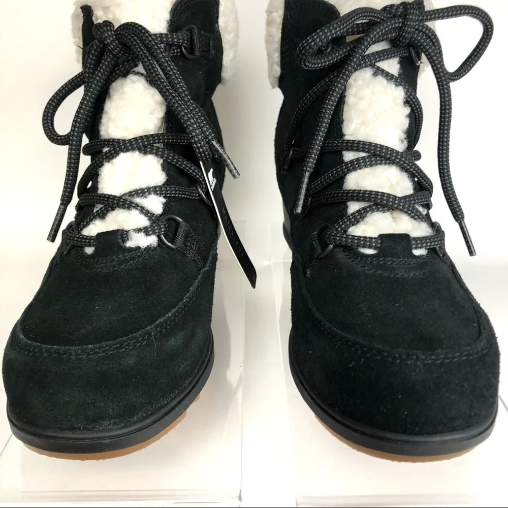 Sorel Black Suede Sherpa Sheep like Fur Wedge Comfy Shoes Sz 9 - HTF_3